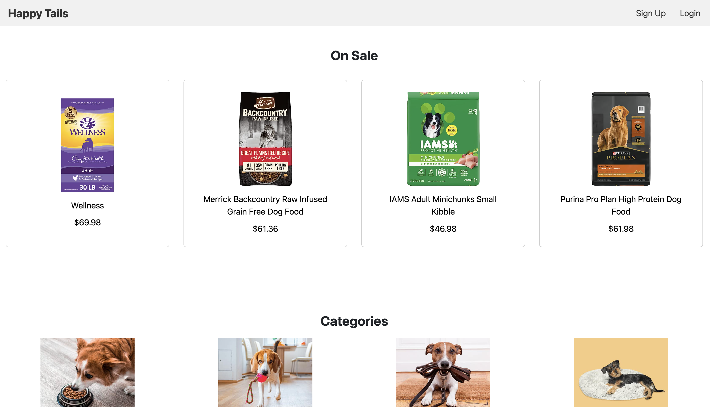 screenshot of a e-commerce application called Happy Tails Pet Supply